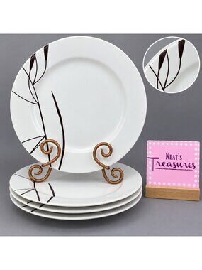 Home Target DUSK Brown Geometric Leaves White Stoneware 11" Dinner Plate Set 4